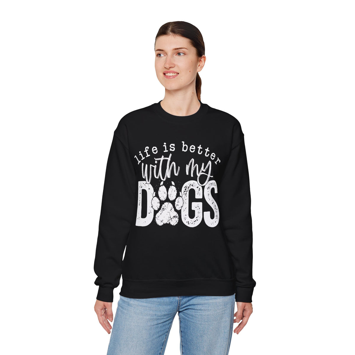 Life Is Better With My Dogs, Distressed – Gildan Heavy Blend | Trendy Women’s and Men's Soft Sweatshirt. Direct to Garment. Printed & Shipped in the USA. Unisex Sizes.