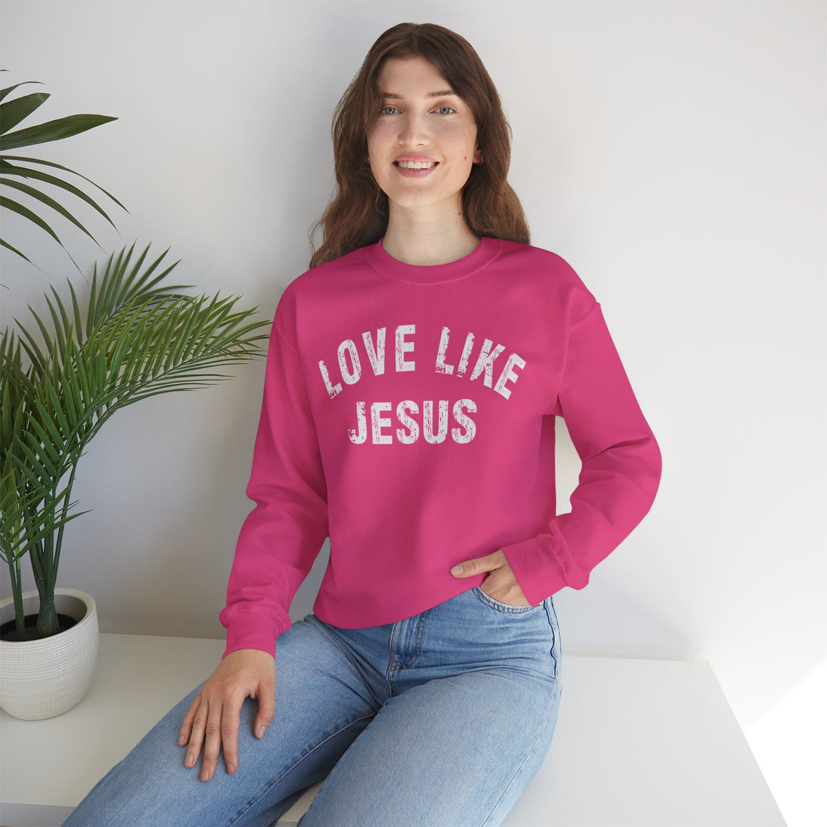 Love Like Jesus - Distressed – Gildan Heavy Blend | Trendy Men's and Women’s Soft Sweatshirt. Direct to Garment. Printed & Shipped in the USA. Unisex Sizes.
