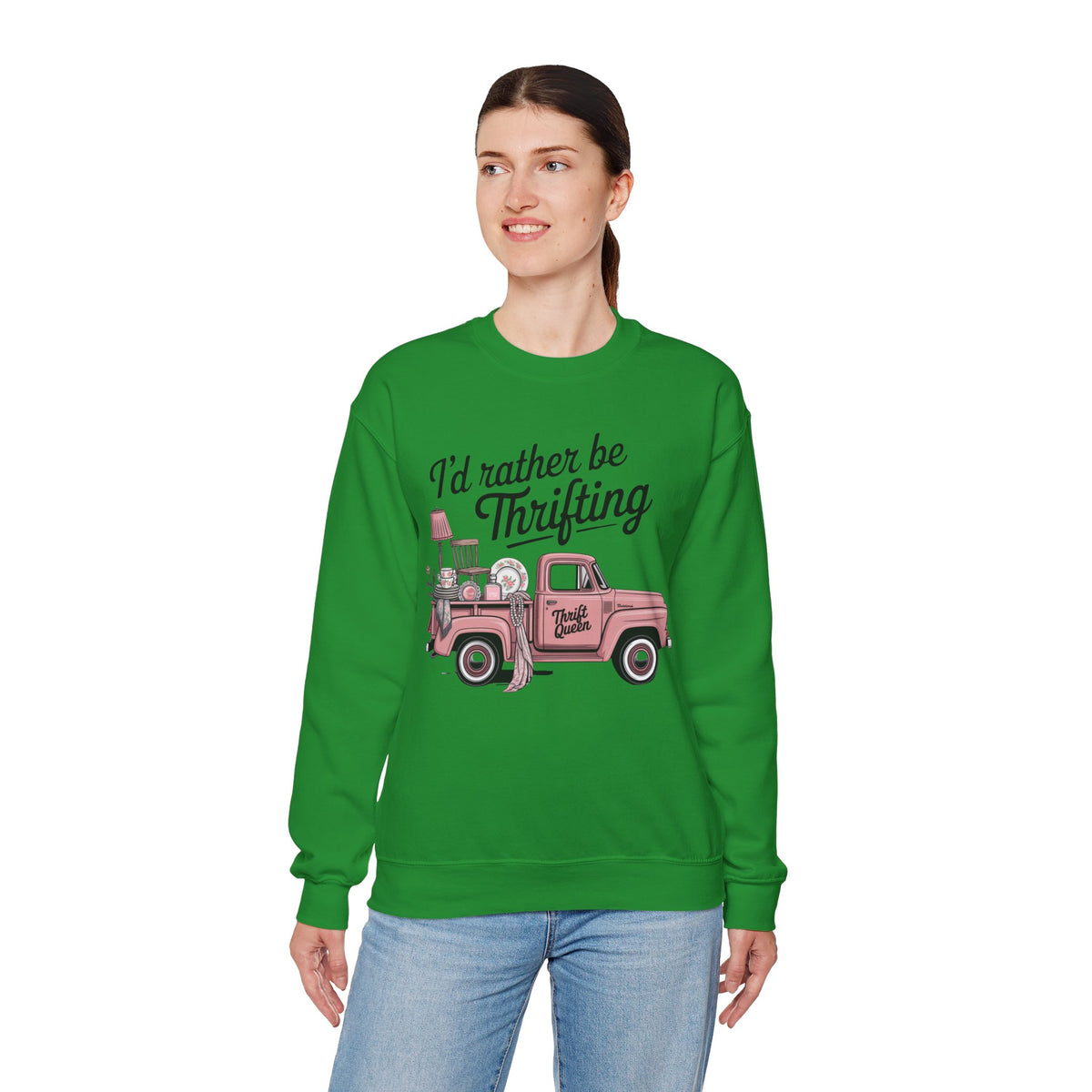 I'd Rather Be Thrifting. Pink Vintage Truck – Gildan Heavy Blend | Trendy Women’s Soft Sweatshirt. Direct to Garment. Printed & Shipped in the USA. Unisex Sizes.