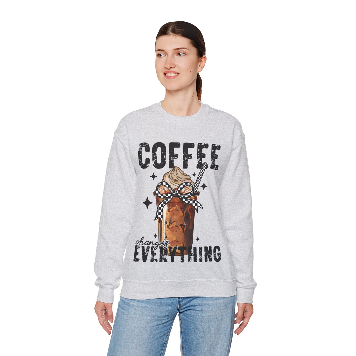 Coffee Changes Everything, Iced Coffee, Coffee Lovers – Gildan Heavy Blend | Trendy Women’s Soft Sweatshirt. Direct to Garment. Printed & Shipped in the USA. Unisex Sizes.