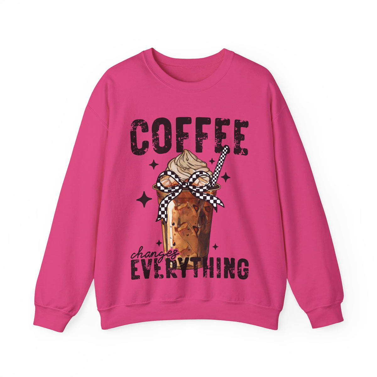 Coffee Changes Everything, Iced Coffee, Coffee Lovers – Gildan Heavy Blend | Trendy Women’s Soft Sweatshirt. Direct to Garment. Printed & Shipped in the USA. Unisex Sizes.