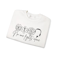 No One Fights Alone, Heroes – Gildan Heavy Blend | Trendy Women’s and Men's Soft Sweatshirt. Direct to Garment. Printed & Shipped in the USA. Unisex Sizes.
