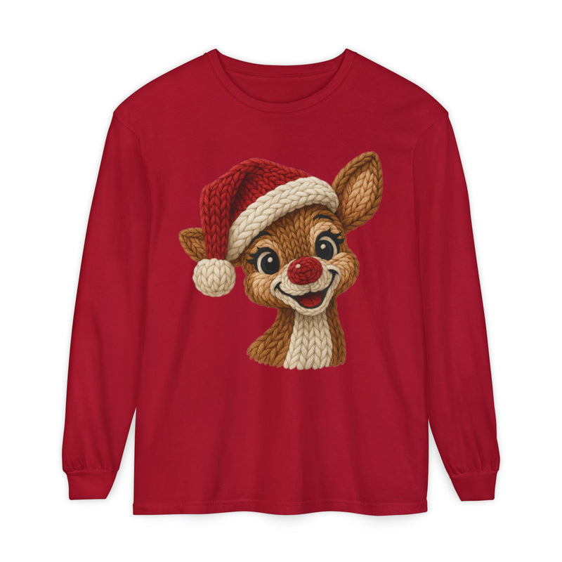 Cute Rudolph Faux Knit Look Reindeer w/Santa Hat - Comfort Colors | Trendy Women's Long Sleeve T-Shirt. Direct to Garment. Printed & Shipped in the USA. Unisex Sizes.