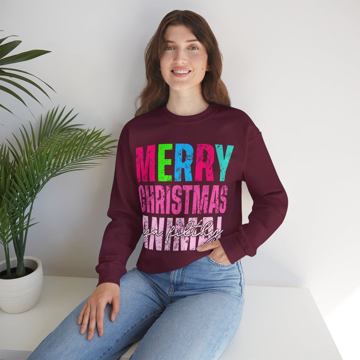 Merry Christmas Ya Filthy Animal – Gildan Heavy Blend | Trendy Women’s Soft Sweatshirt. Direct to Garment. Printed & Shipped in the USA. Unisex Sizes.