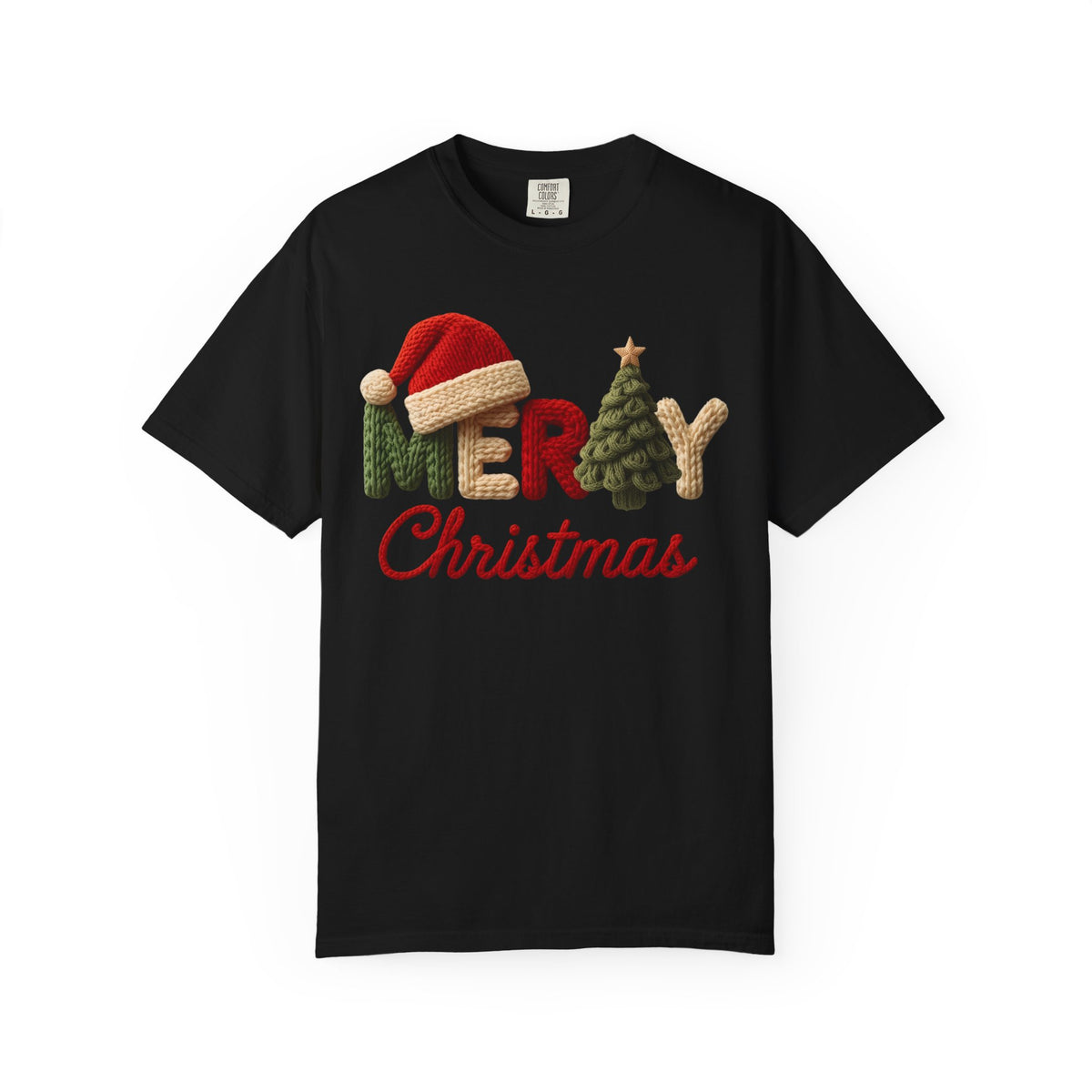 Merry Christmas Faux Yarn w/Santa Hat & Tree - Comfort Colors | Trendy Women's T-Shirt. Direct to Garment. Printed & Shipped in the USA. Unisex Sizes.