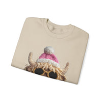 Faux Crochet Highland Cow Bubblegum – Gildan Heavy Blend | Trendy Women’s Soft Sweatshirt. Direct to Garment. Printed & Shipped in the USA. Unisex Sizes.