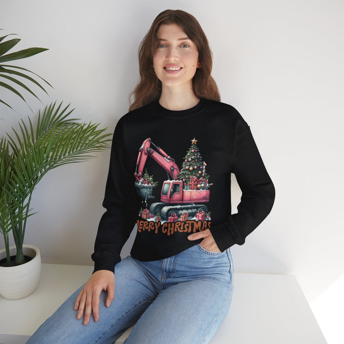 Excavator Merry Christmas Construction – Gildan Heavy Blend | Trendy Women’s Soft Sweatshirt. Direct to Garment. Printed & Shipped in the USA. Unisex Sizes.