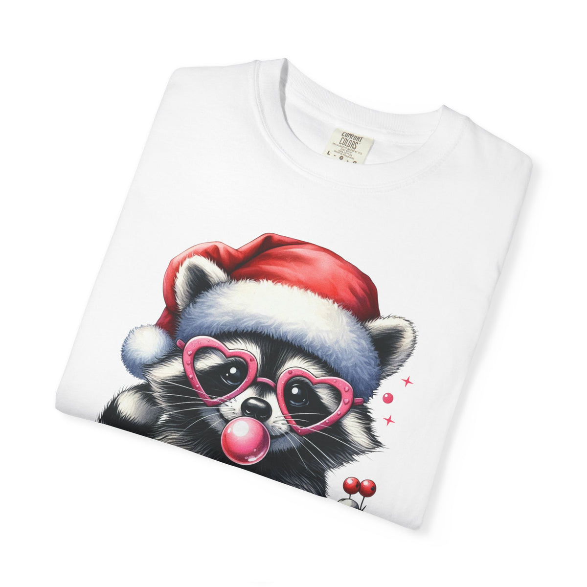 Merry Trashmas Bubblegum Raccoon w/Santa Hat Christmas - Comfort Colors | Trendy Women's T-Shirt. Direct to Garment. Printed & Shipped in the USA. Unisex Sizes.