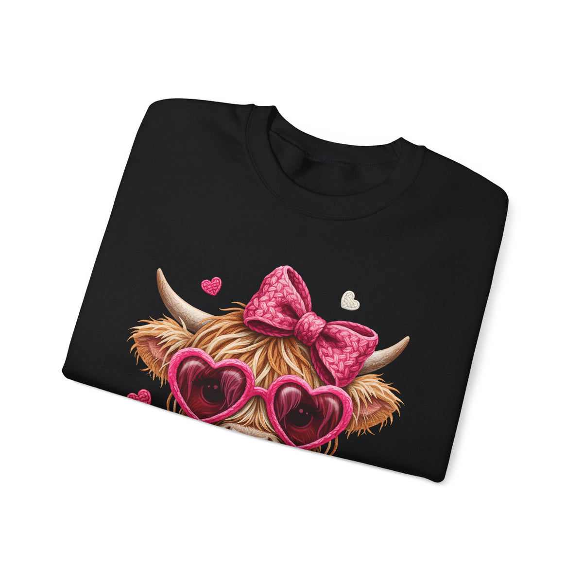 Highland Cow - Pink Heart Shaped Glasses – Gildan Heavy Blend | Trendy Women’s Soft Sweatshirt. Direct to Garment. Printed & Shipped in the USA. Unisex Sizes.