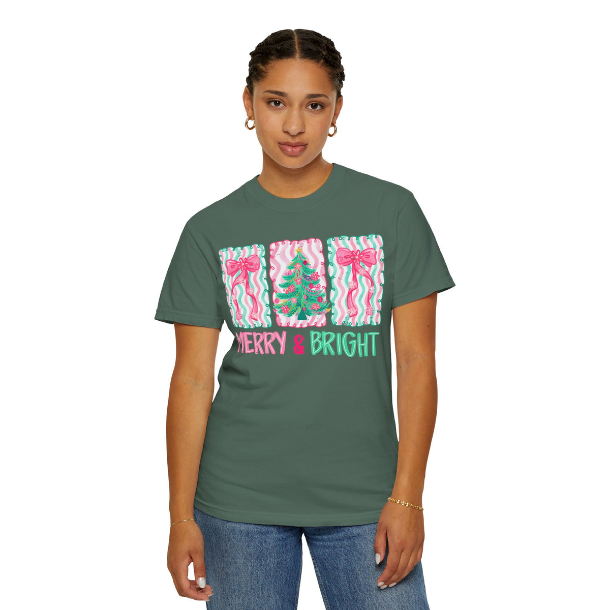 Merry & Bright Christmas — Pink & Green Holiday Tree Design - Comfort Colors | Trendy Women's T-Shirt. Direct to Garment. Printed & Shipped in the USA. Unisex Sizes.