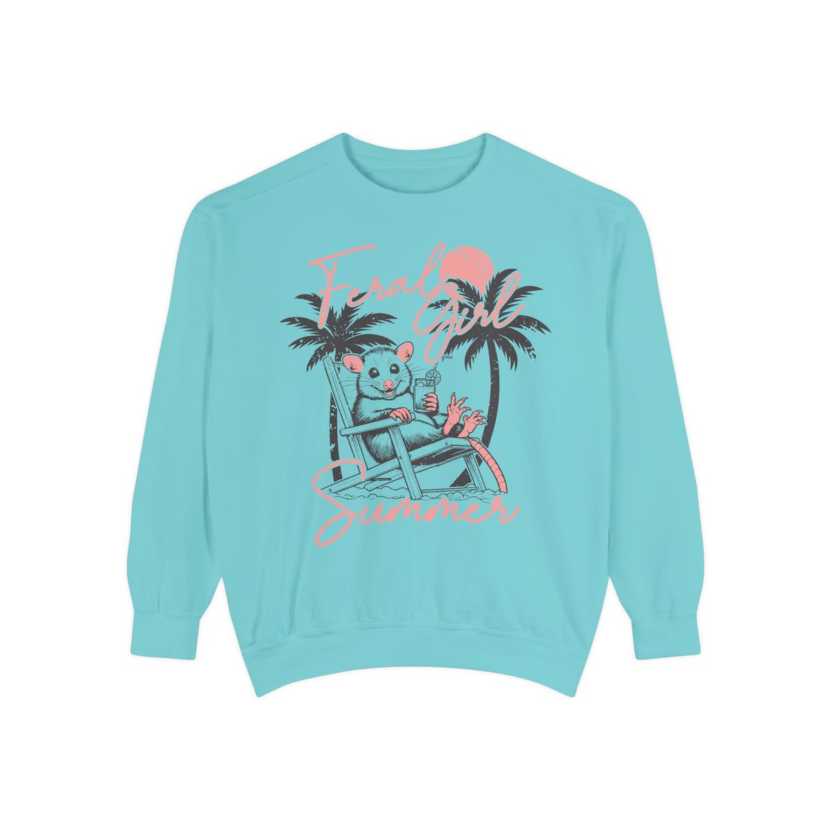 Feral Girl Summer, Possum on a Beach - Comfort Colors | Trendy Women's Sweatshirt. Direct to Garment. Printed & Shipped in the USA. Unisex Sizes.