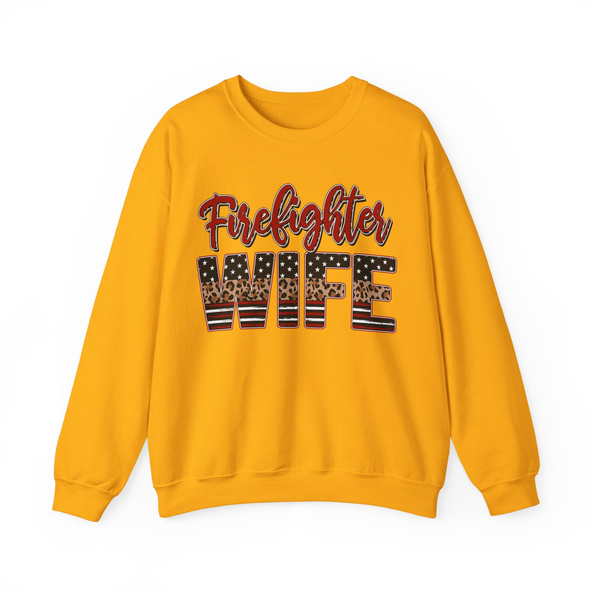 Firefighter Wife Patriotic Flag Lettering for Firefighter Spouse – Gildan Heavy Blend | Trendy Women’s Soft Sweatshirt. Direct to Garment. Printed & Shipped in the USA. Unisex Sizes.