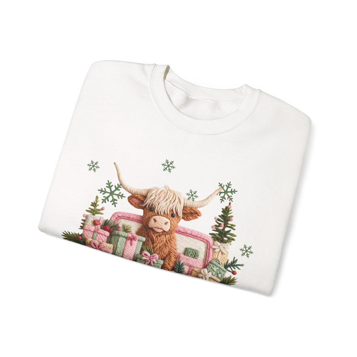 Highland Cow in Pink Truck Merry Christmas Holiday Farmhouse – Gildan Heavy Blend | Trendy Women’s Soft Sweatshirt. Direct to Garment. Printed & Shipped in the USA. Unisex Sizes.