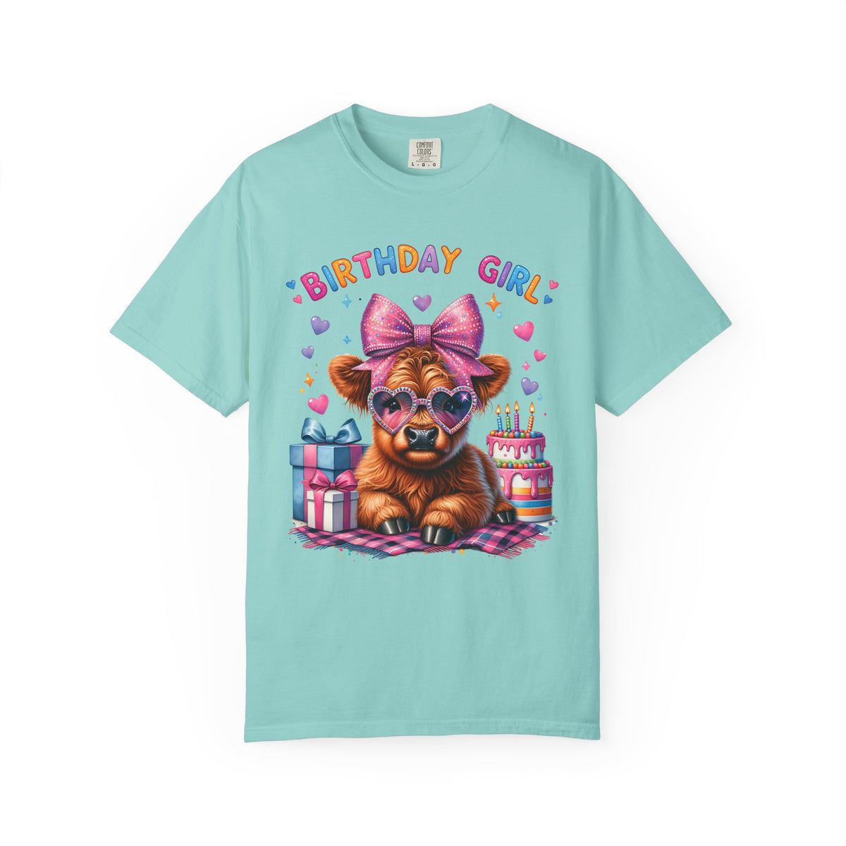 Birthday Girl, Highland Cow - Comfort Colors | Trendy Women's T-Shirt. Direct to Garment. Printed & Shipped in the USA. Unisex Sizes.