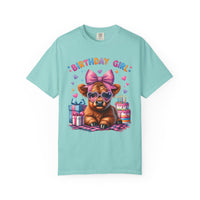 Birthday Girl, Highland Cow - Comfort Colors | Trendy Women's T-Shirt. Direct to Garment. Printed & Shipped in the USA. Unisex Sizes.
