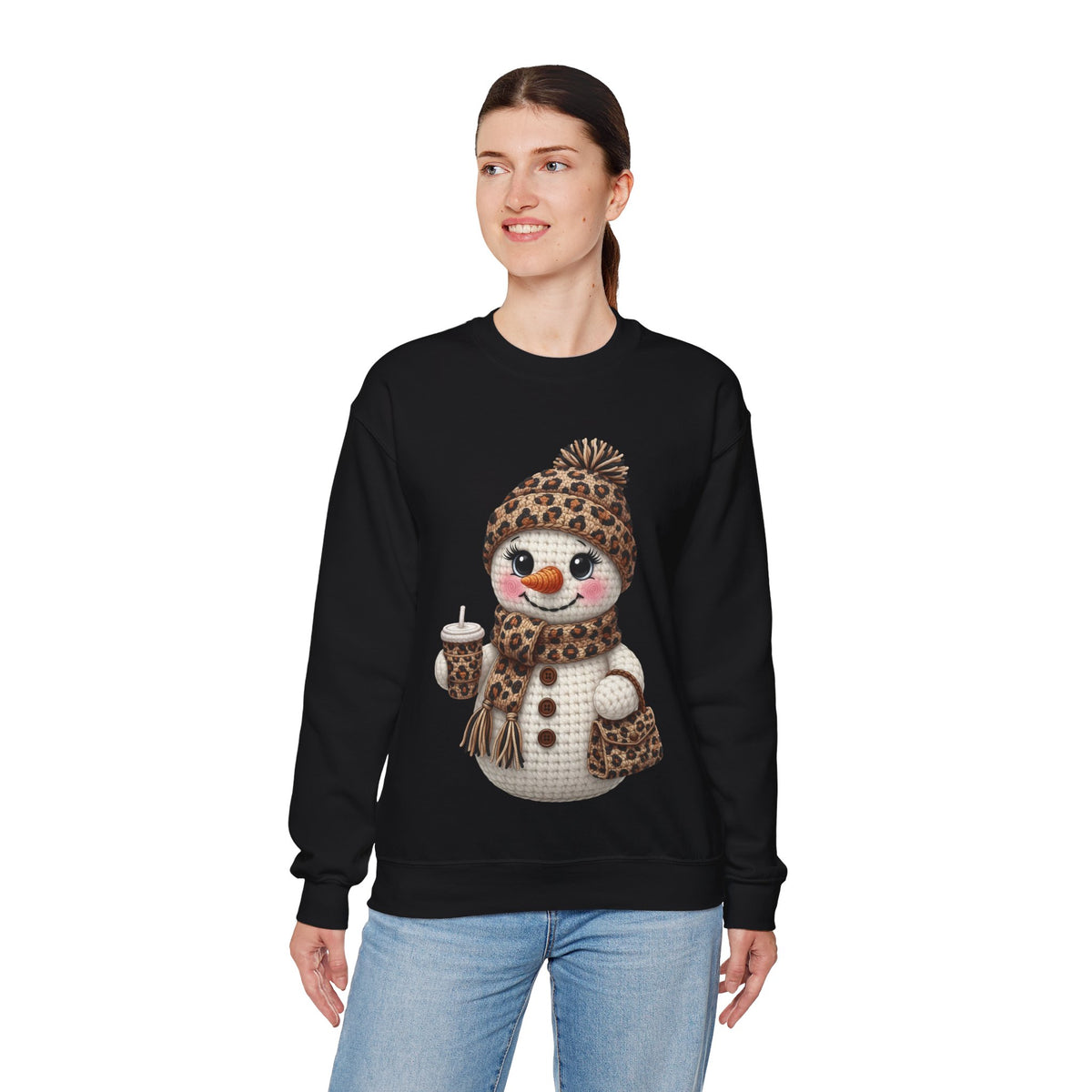 Leopard Snowman - Leopard Purse, Drink, Hat & Scarf – Gildan Heavy Blend | Trendy Women’s Soft Sweatshirt. Direct to Garment. Printed & Shipped in the USA. Unisex Sizes.