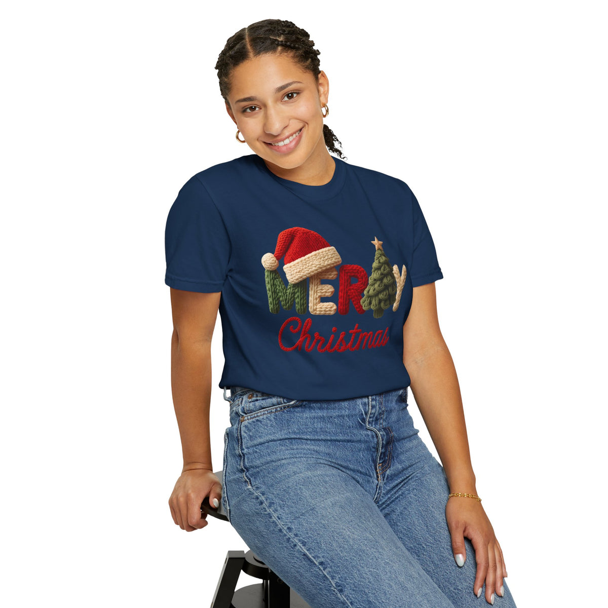 Merry Christmas Faux Yarn w/Santa Hat & Tree - Comfort Colors | Trendy Women's T-Shirt. Direct to Garment. Printed & Shipped in the USA. Unisex Sizes.
