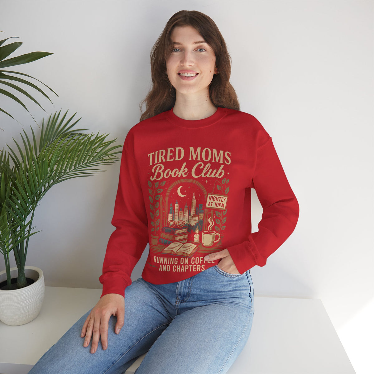Tired Moms Book Club Running on Coffee and Chapters – Gildan Heavy Blend | Trendy Women’s Soft Sweatshirt. Direct to Garment. Printed & Shipped in the USA. Unisex Sizes.