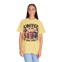 Coffee Is My Soul Food, Iced Coffee, Pink Bow - Comfort Colors | Trendy Women's T-Shirt. Direct to Garment. Printed & Shipped in the USA. Unisex Sizes.