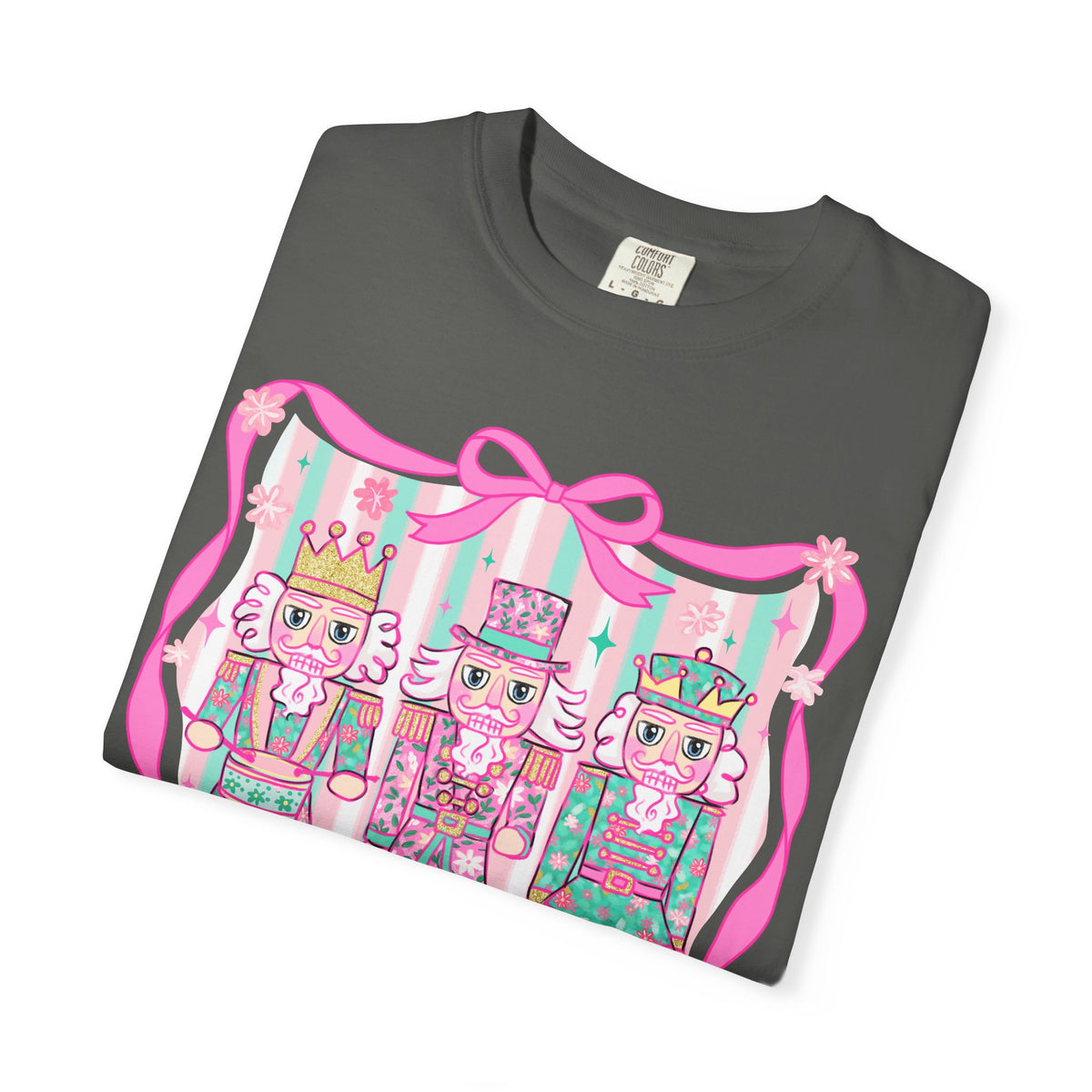 Coquette Pastel Christmas Nutcracker Trio Pink and Green - Comfort Colors | Trendy Women's T-Shirt. Direct to Garment. Printed & Shipped in the USA. Unisex Sizes.