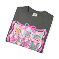 Coquette Pastel Christmas Nutcracker Trio Pink and Green - Comfort Colors | Trendy Women's T-Shirt. Direct to Garment. Printed & Shipped in the USA. Unisex Sizes.