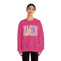 Pastel faux Patchwork AMEN with faux Pearls – Gildan Heavy Blend | Trendy Women’s Soft Sweatshirt. Direct to Garment. Printed & Shipped in the USA. Unisex Sizes.