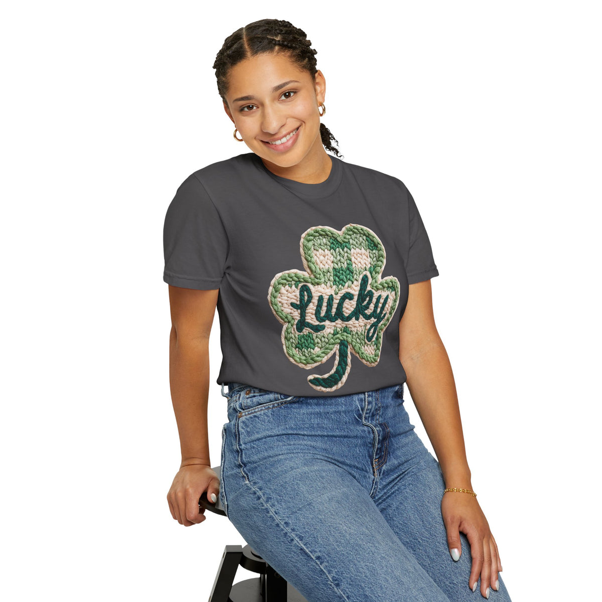 Lucky Shamrock Faux Knit - Comfort Colors | Trendy Men's and Women's T-Shirt. Direct to Garment. Printed & Shipped in the USA. Unisex Sizes.