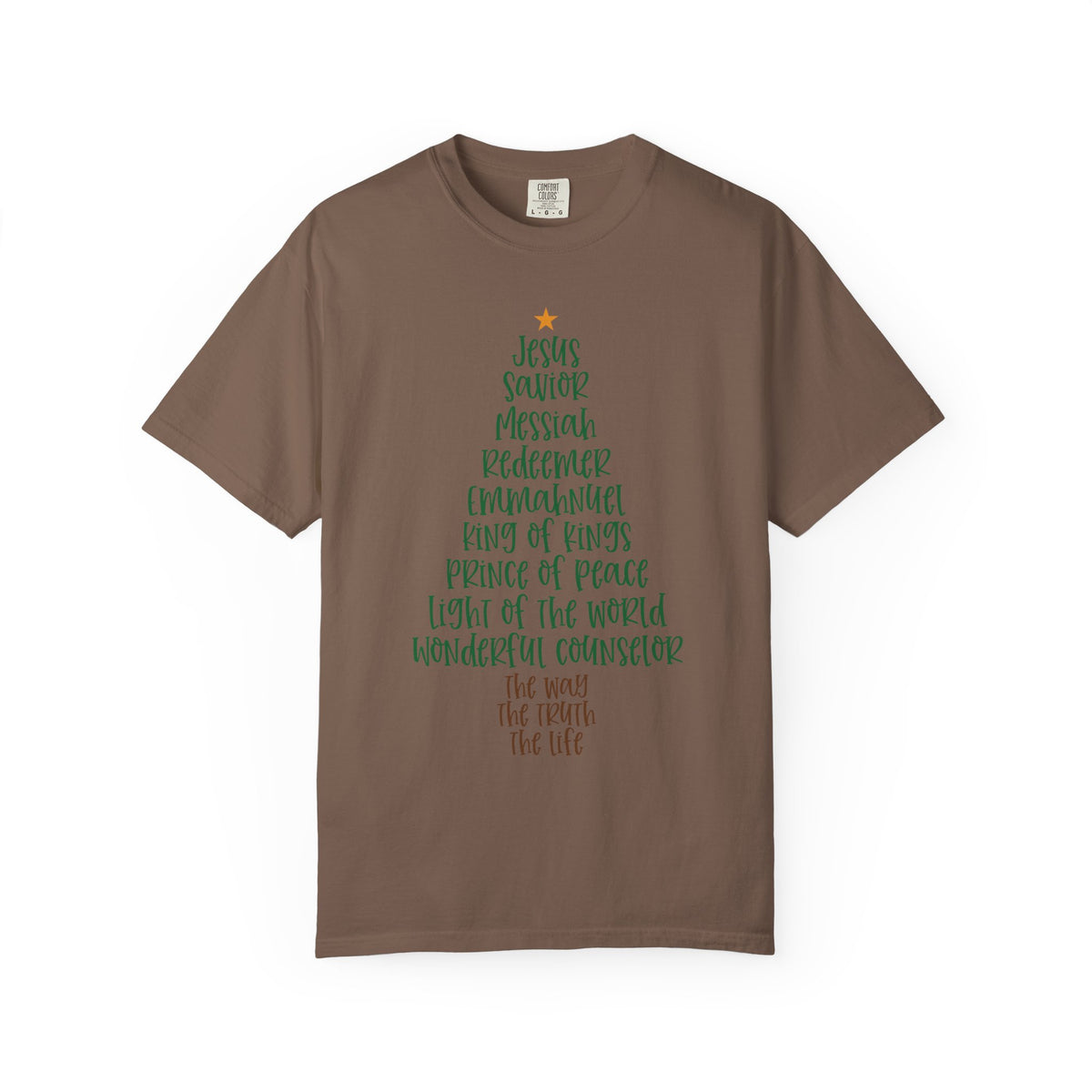Jesus Name Christmas Tree - Comfort Colors | Trendy Women's T-Shirt. Direct to Garment. Printed & Shipped in the USA. Unisex Sizes.