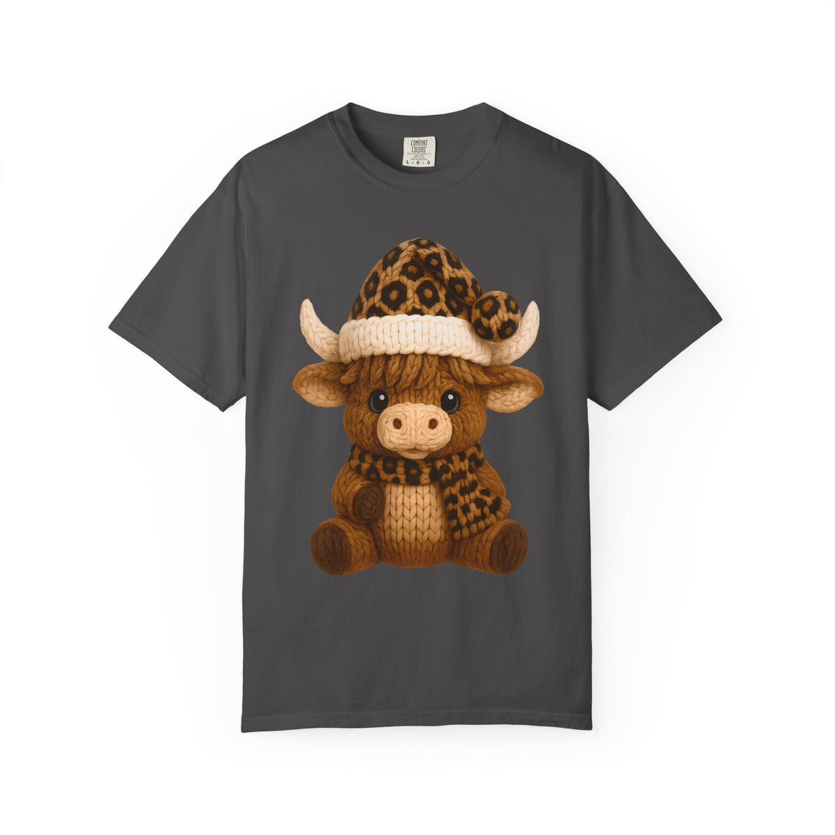 Cute Highland Cow with Leopard Santa Hat Christmas - Comfort Colors | Trendy Women's T-Shirt. Direct to Garment. Printed & Shipped in the USA. Unisex Sizes.