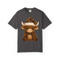 Cute Highland Cow with Leopard Santa Hat Christmas - Comfort Colors | Trendy Women's T-Shirt. Direct to Garment. Printed & Shipped in the USA. Unisex Sizes.