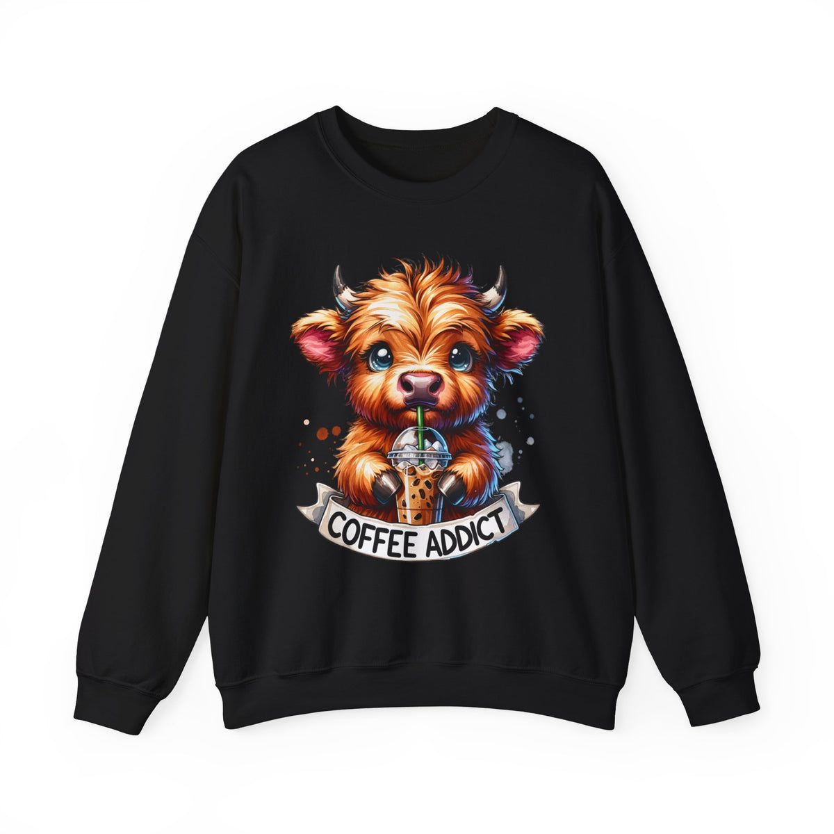 Coffee Addict Highland Cow Drinking Iced Coffee – Gildan Heavy Blend | Trendy Women’s Soft Sweatshirt. Direct to Garment. Printed & Shipped in the USA. Unisex Sizes.