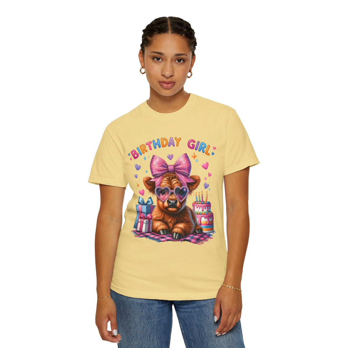 Birthday Girl, Highland Cow - Comfort Colors | Trendy Women's T-Shirt. Direct to Garment. Printed & Shipped in the USA. Unisex Sizes.