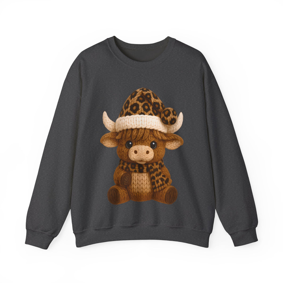 Cute Highland Cow with Leopard Santa Hat Christmas – Gildan Heavy Blend | Trendy Women’s Soft Sweatshirt. Direct to Garment. Printed & Shipped in the USA. Unisex Sizes.