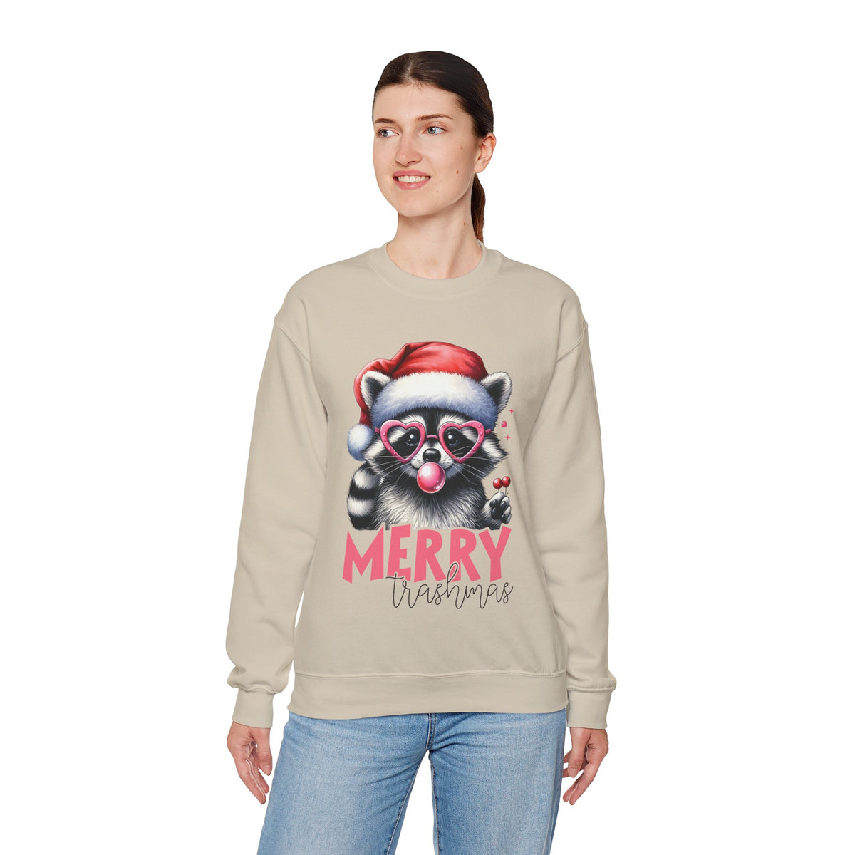 Merry Trashmas Bubblegum Raccoon w/Santa Hat Christmas – Gildan Heavy Blend | Trendy Women’s Soft Sweatshirt. Direct to Garment. Printed & Shipped in the USA. Unisex Sizes.