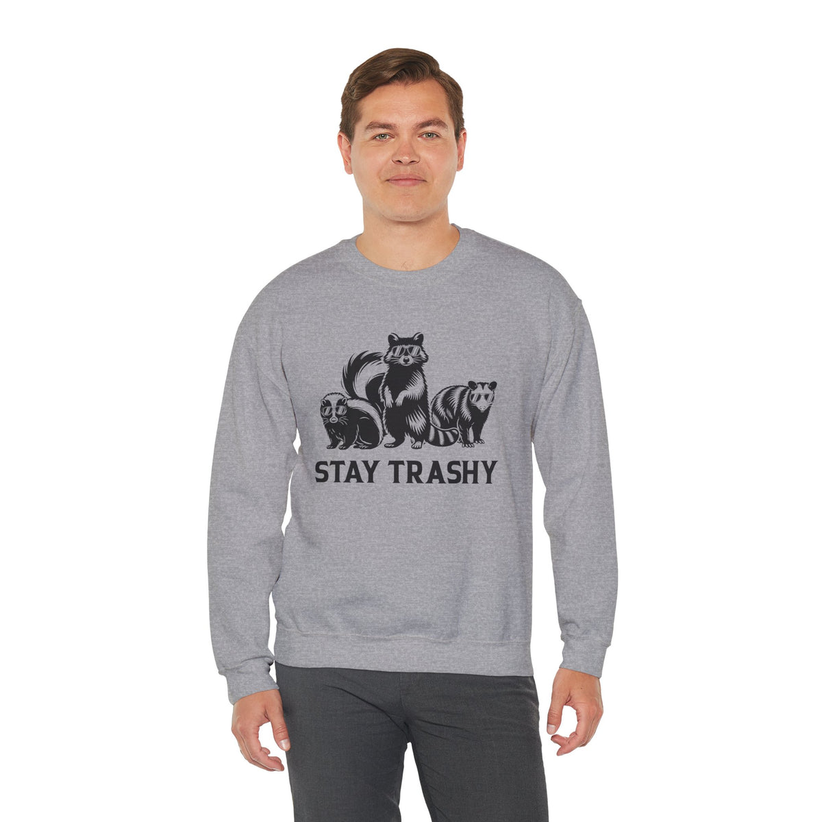 Stay Trashy, Skunk Raccoon Possum – Gildan Heavy Blend | Trendy Women’s and Men's Soft Sweatshirt. Direct to Garment. Printed & Shipped in the USA. Unisex Sizes.