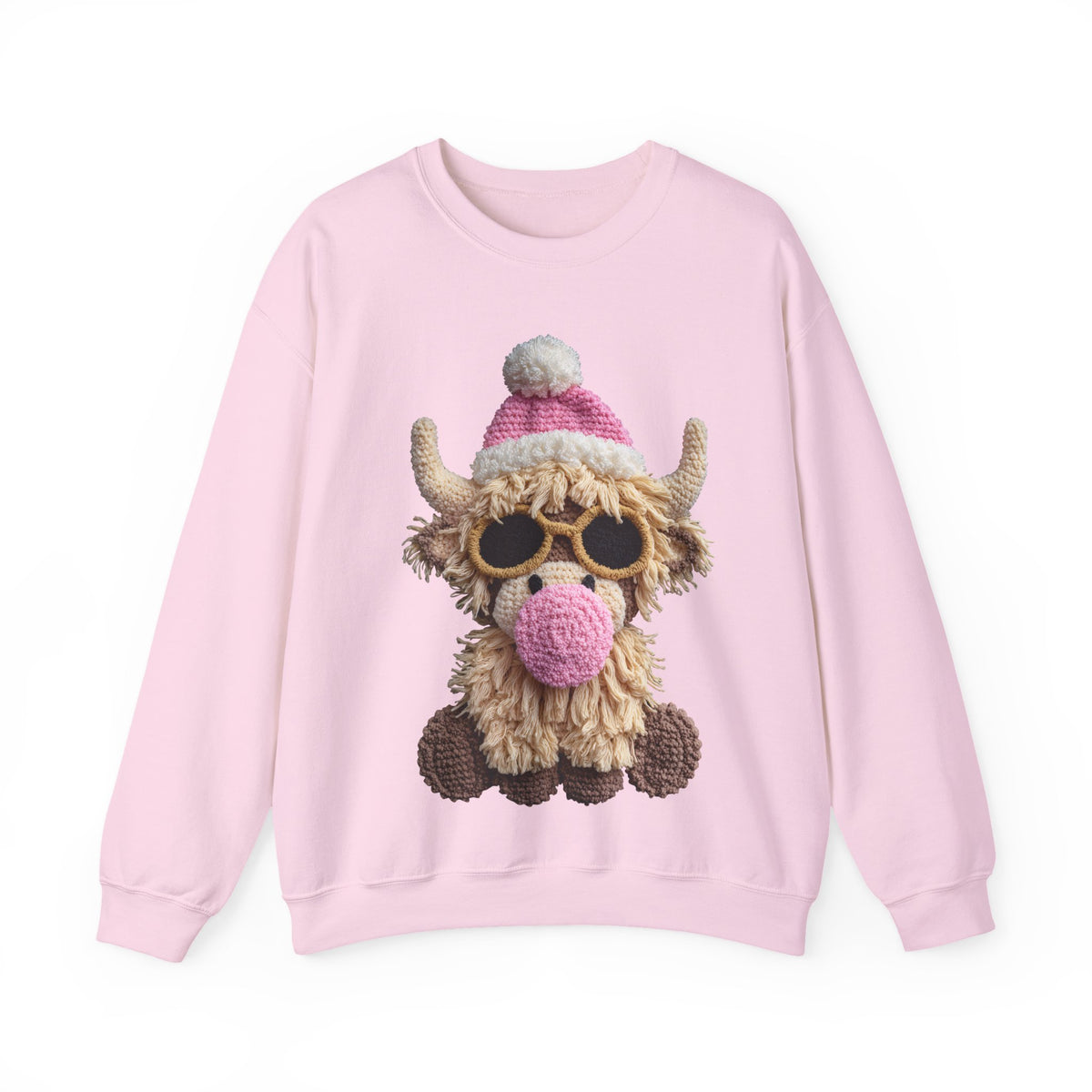 Faux Crochet Highland Cow Bubblegum – Gildan Heavy Blend | Trendy Women’s Soft Sweatshirt. Direct to Garment. Printed & Shipped in the USA. Unisex Sizes.