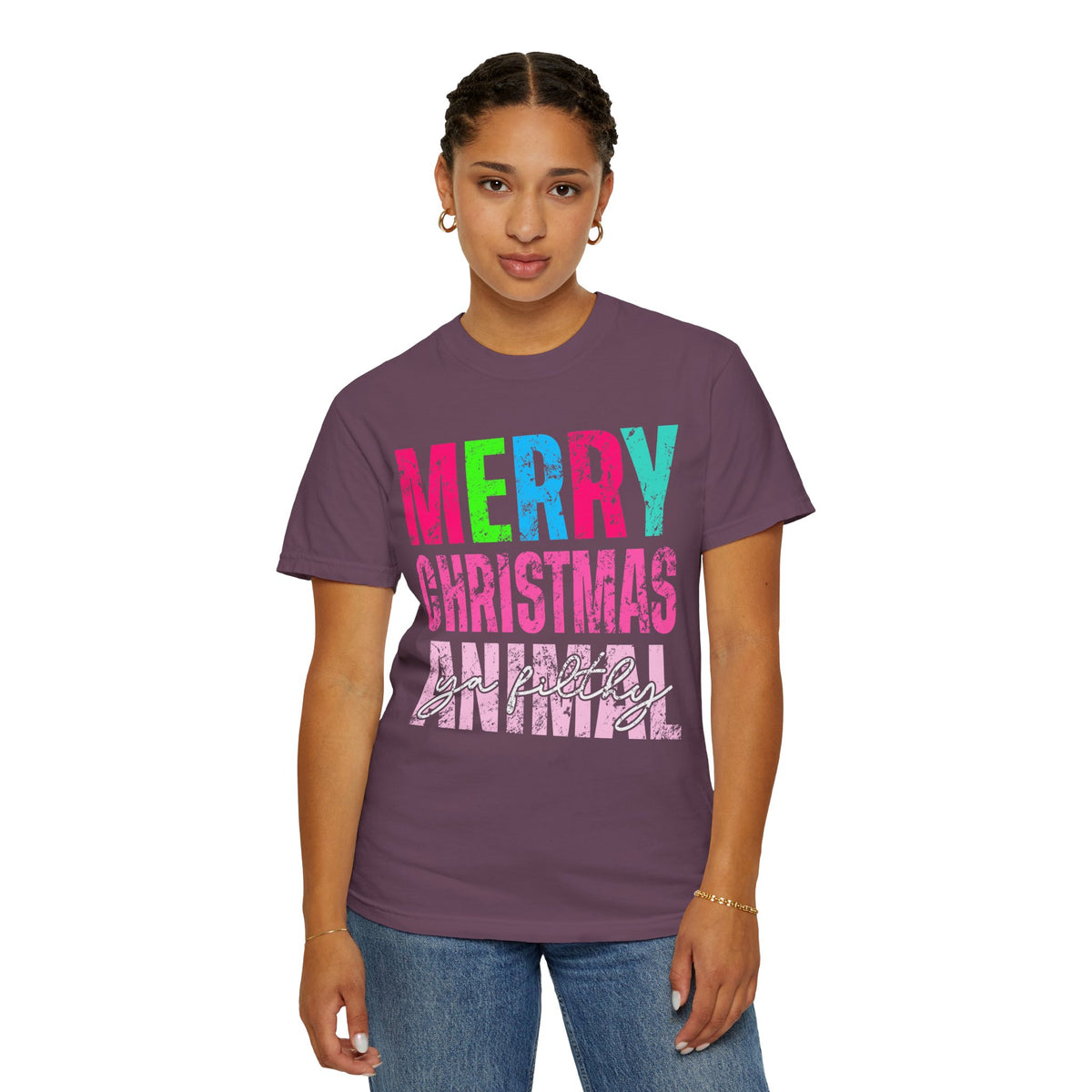 Merry Christmas Ya Filthy Animal - Comfort Colors | Trendy Women's T-Shirt. Direct to Garment. Printed & Shipped in the USA. Unisex Sizes.