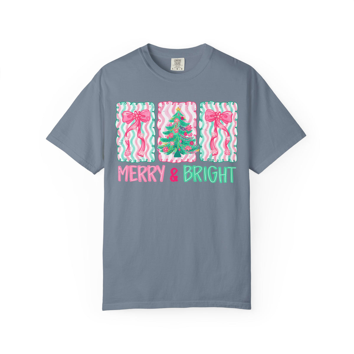 Merry & Bright Christmas — Pink & Green Holiday Tree Design - Comfort Colors | Trendy Women's T-Shirt. Direct to Garment. Printed & Shipped in the USA. Unisex Sizes.
