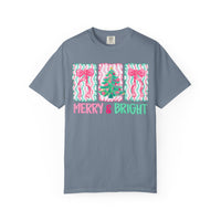 Merry & Bright Christmas — Pink & Green Holiday Tree Design - Comfort Colors | Trendy Women's T-Shirt. Direct to Garment. Printed & Shipped in the USA. Unisex Sizes.