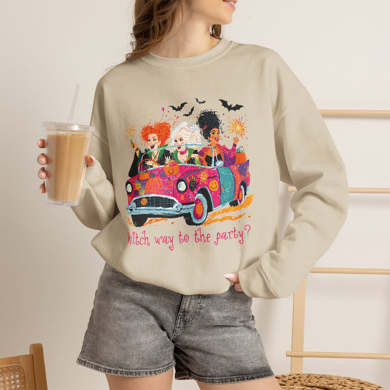 Witch Way to the Party? – Gildan Heavy Blend | Trendy Women’s Soft Sweatshirt. Direct to Garment. Printed & Shipped in the USA. Unisex Sizes.