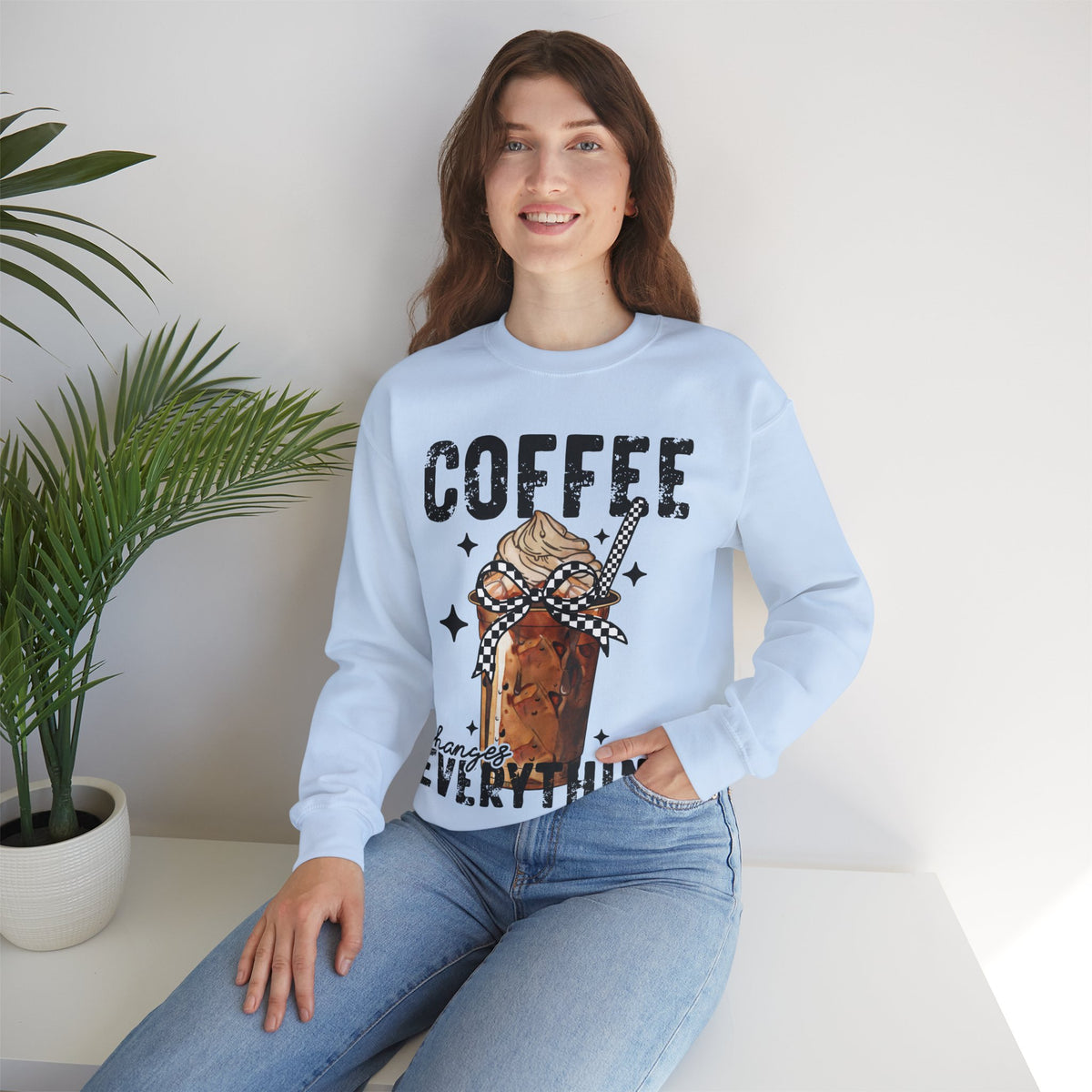 Coffee Changes Everything, Iced Coffee, Coffee Lovers – Gildan Heavy Blend | Trendy Women’s Soft Sweatshirt. Direct to Garment. Printed & Shipped in the USA. Unisex Sizes.