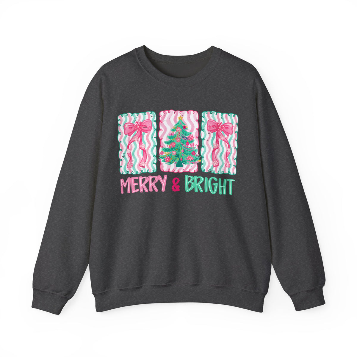 Merry & Bright Christmas - Pink & Green Holiday Tree Design – Gildan Heavy Blend | Trendy Women’s Soft Sweatshirt. Direct to Garment. Printed & Shipped in the USA. Unisex Sizes.
