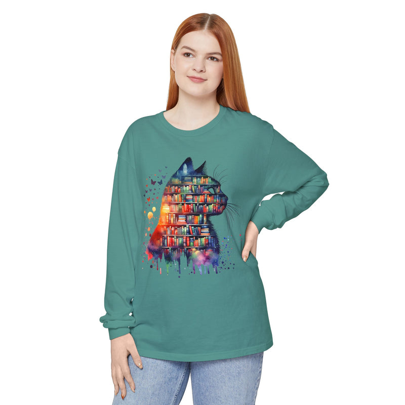Cat Silhouette for Book Lovers - Comfort Colors | Trendy Women's Long Sleeve T-Shirt. Direct to Garment. Printed & Shipped in the USA. Unisex Sizes.