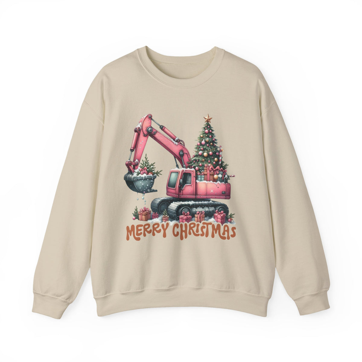 Excavator Merry Christmas Construction – Gildan Heavy Blend | Trendy Women’s Soft Sweatshirt. Direct to Garment. Printed & Shipped in the USA. Unisex Sizes.