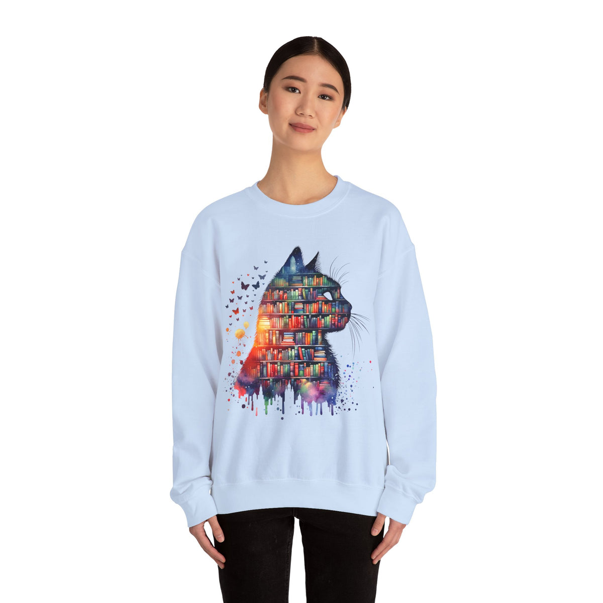 Cat Silhouette for Book Lovers – Gildan Heavy Blend | Trendy Women’s Soft Sweatshirt. Direct to Garment. Printed & Shipped in the USA. Unisex Sizes.