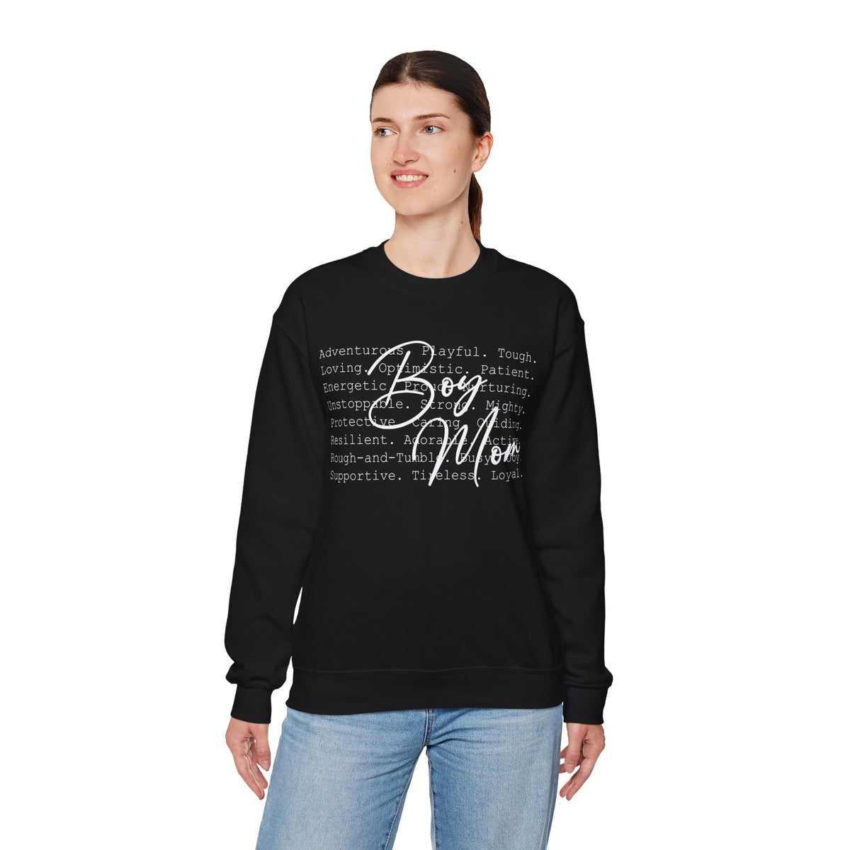 Boy Mom Typography – Gildan Heavy Blend | Trendy Women’s Soft Sweatshirt. Direct to Garment. Printed & Shipped in the USA. Unisex Sizes.
