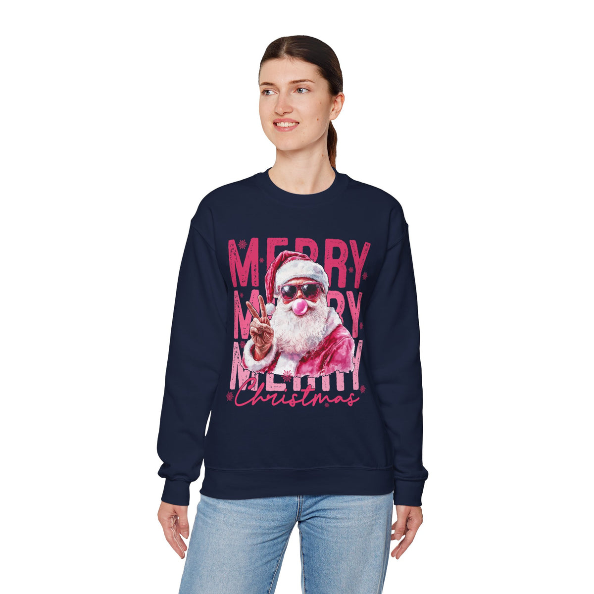 Pink Merry Christmas Bubblegum Santa – Gildan Heavy Blend | Trendy Women’s Soft Sweatshirt. Direct to Garment. Printed & Shipped in the USA. Unisex Sizes.