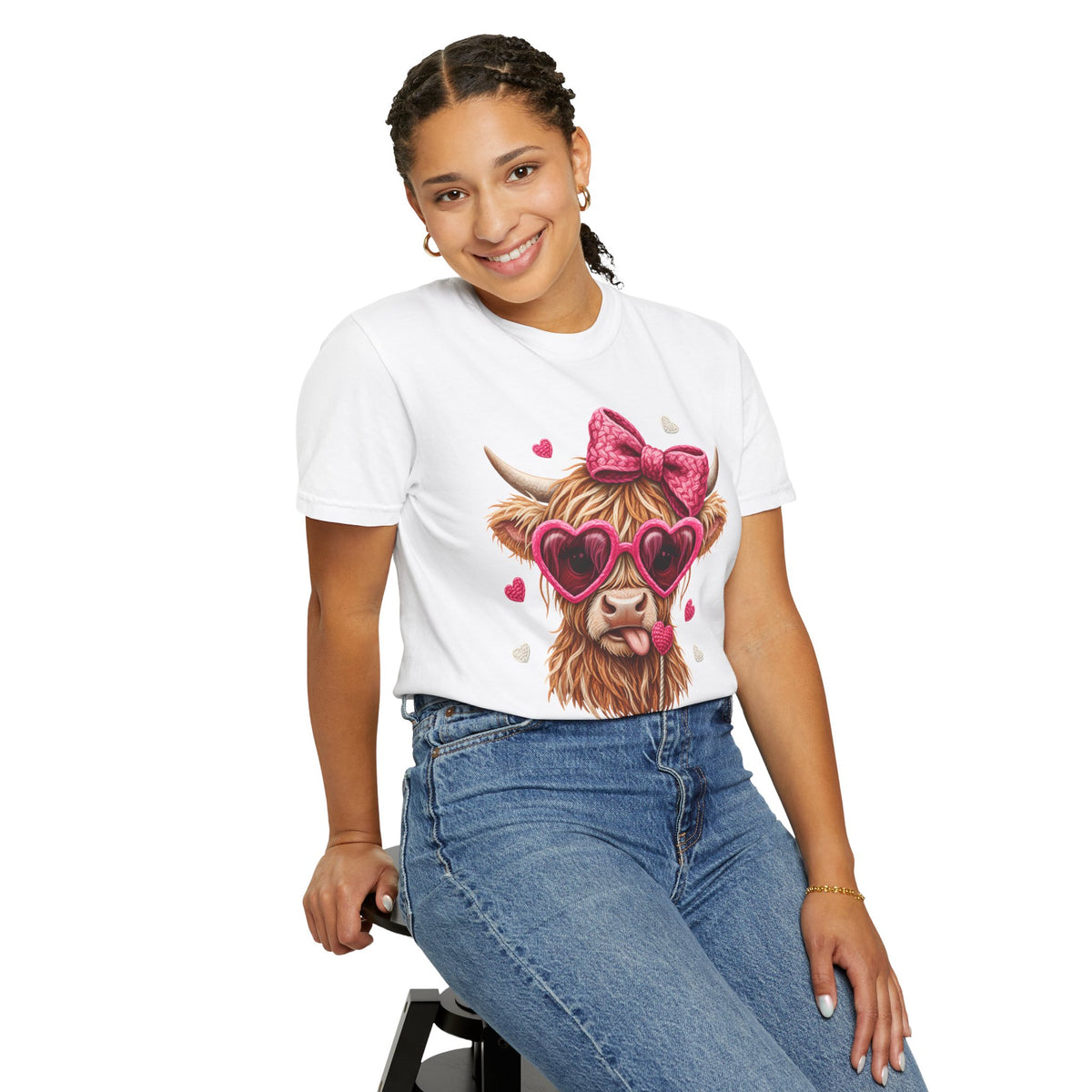 Highland Cow - Pink Heart Shaped Glasses - Comfort Colors | Trendy Women's T-Shirt. Direct to Garment. Printed & Shipped in the USA. Unisex Sizes.