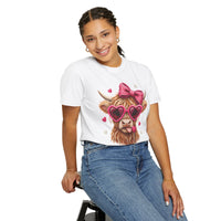 Highland Cow - Pink Heart Shaped Glasses - Comfort Colors | Trendy Women's T-Shirt. Direct to Garment. Printed & Shipped in the USA. Unisex Sizes.