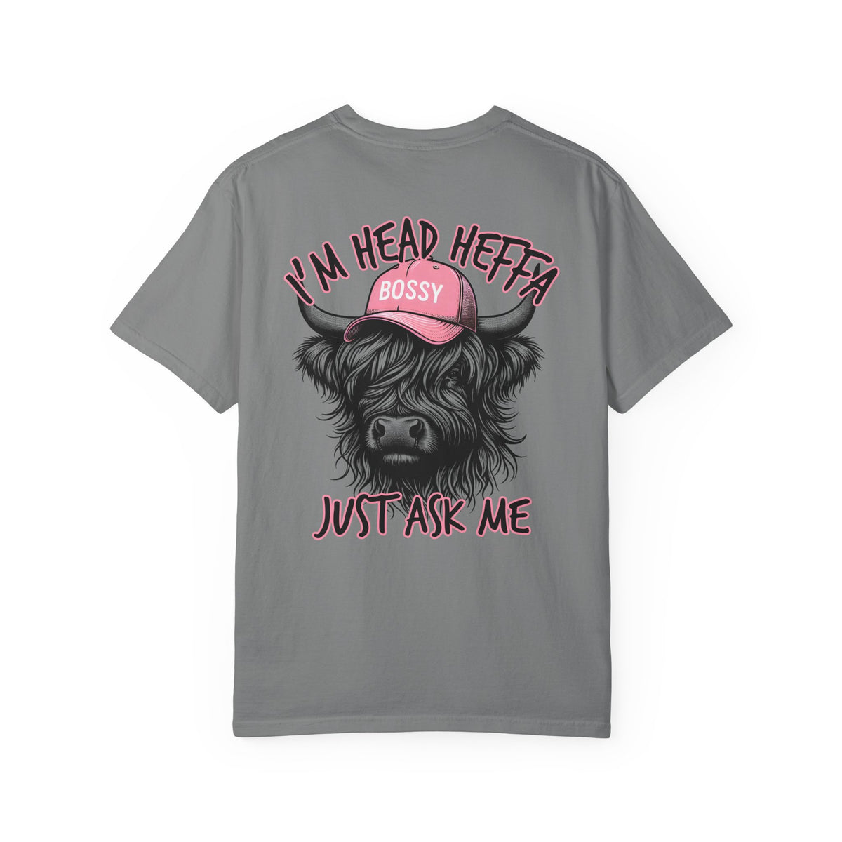 Head Heffa Highland Cow, Front & Back Print - Comfort Colors | Trendy Women's T-Shirt. Direct to Garment. Printed & Shipped in the USA. Unisex Sizes.